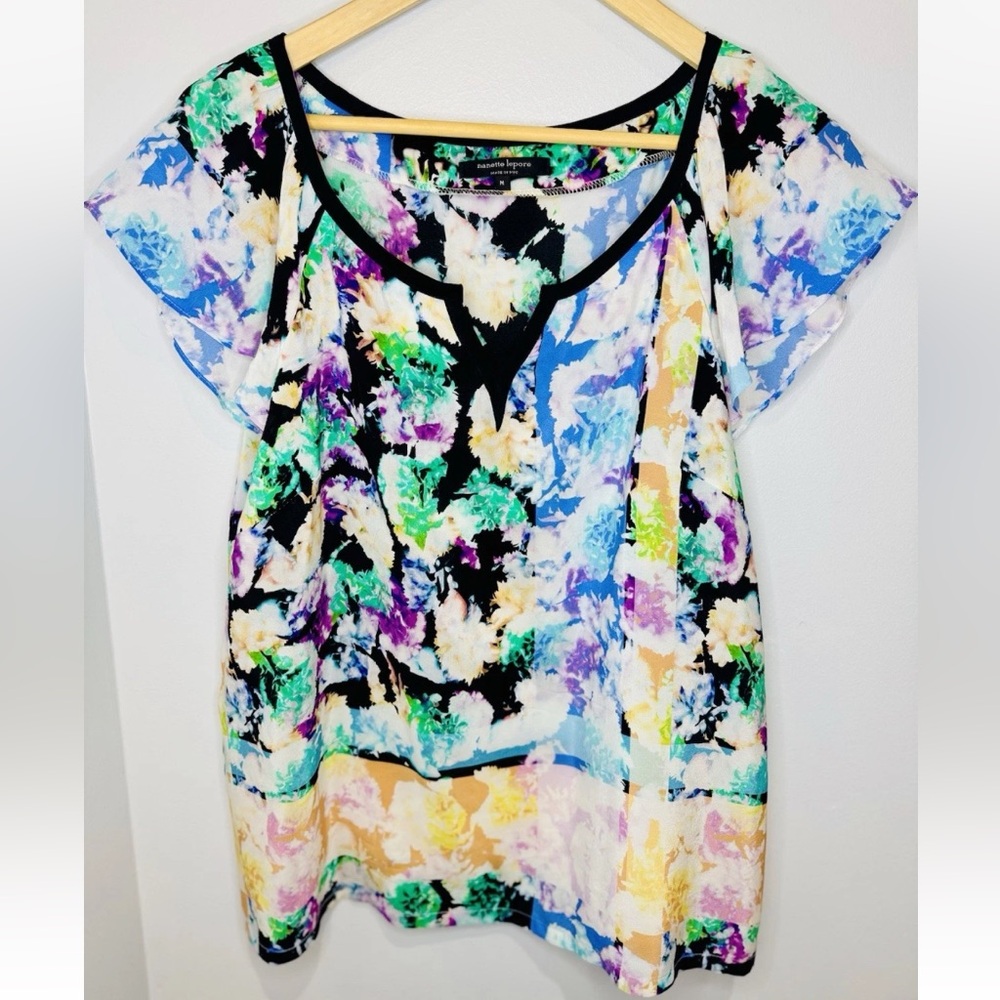 Nanette Lepore Floral Silk Flutter Sleeve Top MEDIUM